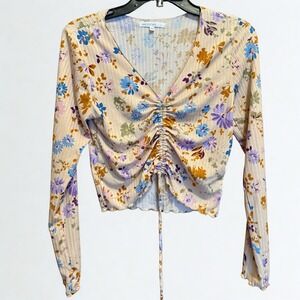 Floral Ruched Long Sleeve Crop top Women's Large Neck Stretch Ribbed